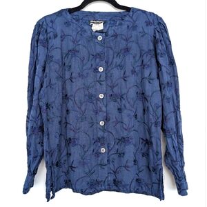 Vtg Salvatore Ferragamo Linen Floral Embroidery Balloon Sleeve Cardigan Sz S/M